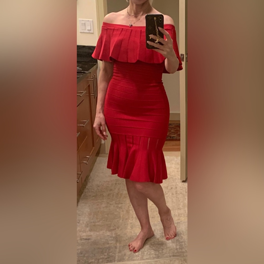Herve Leger Red Ruffle Midi Dress